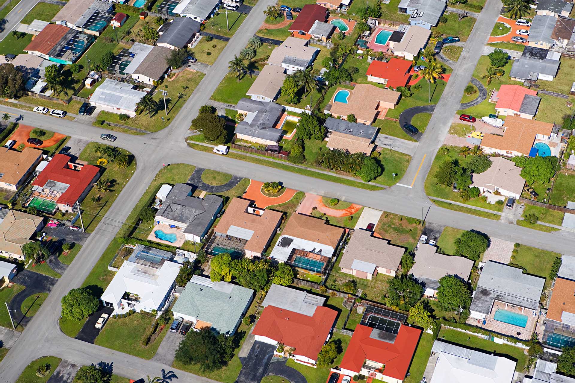 Aerial view of a Central Texas neighborhood showing different popular roof types